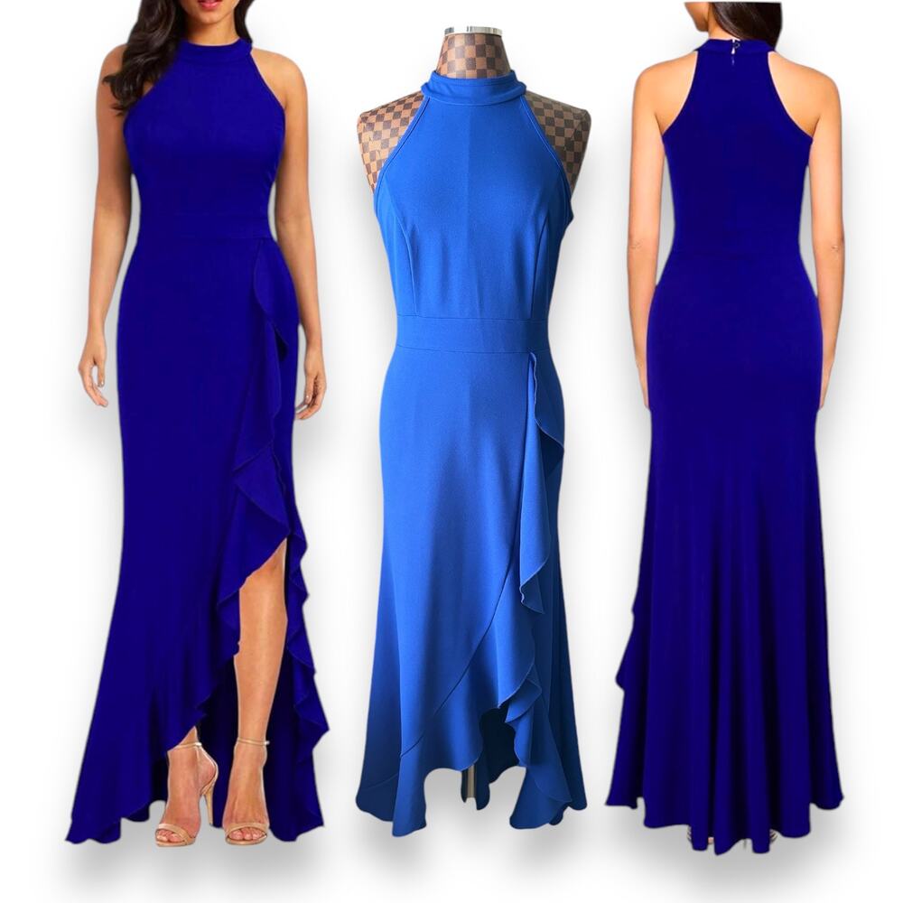 Royal Blue Mermaid Dress Large Maxi Bodycan High Neck Front Slit Halter Woosea